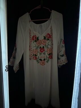 White A Line Midi Dress with BOHO Floral Embroidery